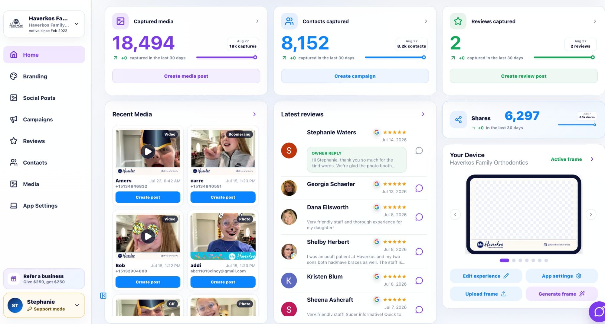 Haverkos Family Orthodontics BuzzyBooth dashboard showing captures, contacts, and shares