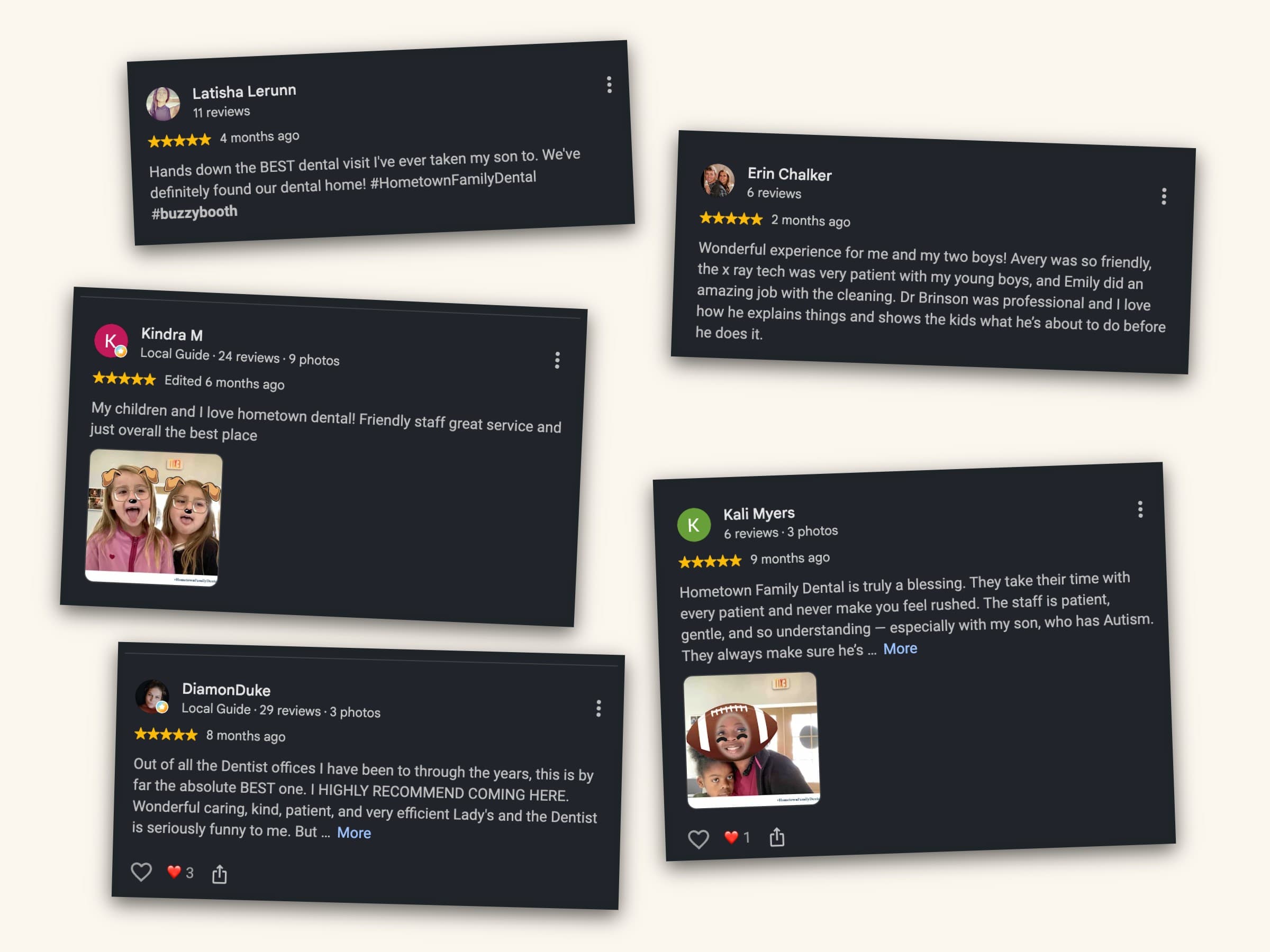 Collage of five-star patient reviews for Hometown Dental