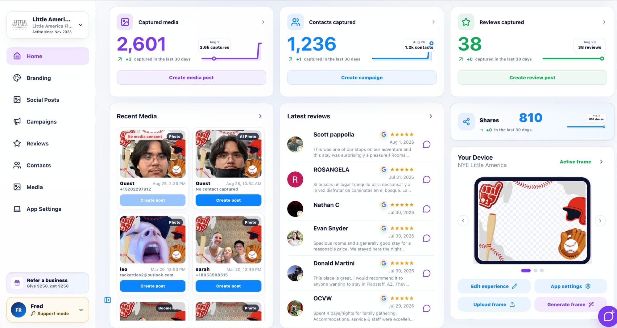 Little America Flagstaff's BuzzyBooth dashboard showing media, contacts, and reviews
