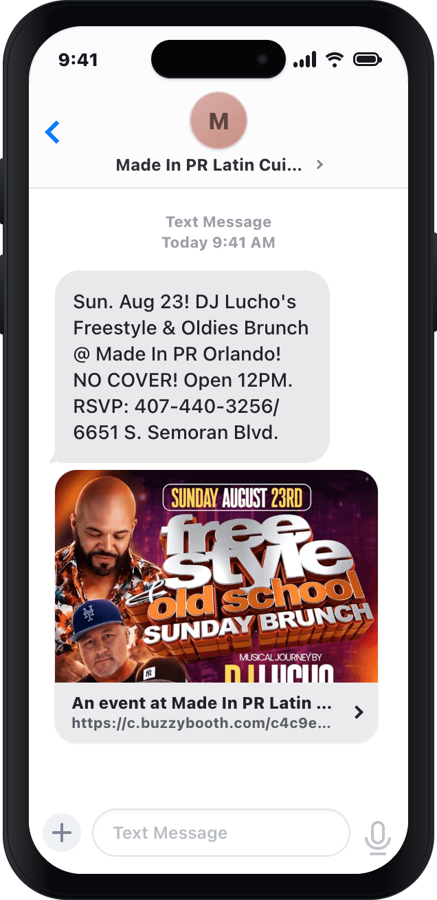 Made in Puerto Rico Orlando event promotion sent by text message