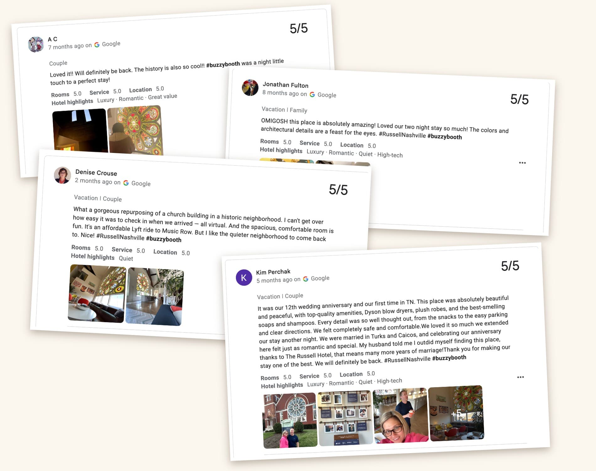 Five-star guest reviews mentioning BuzzyBooth at The Russell