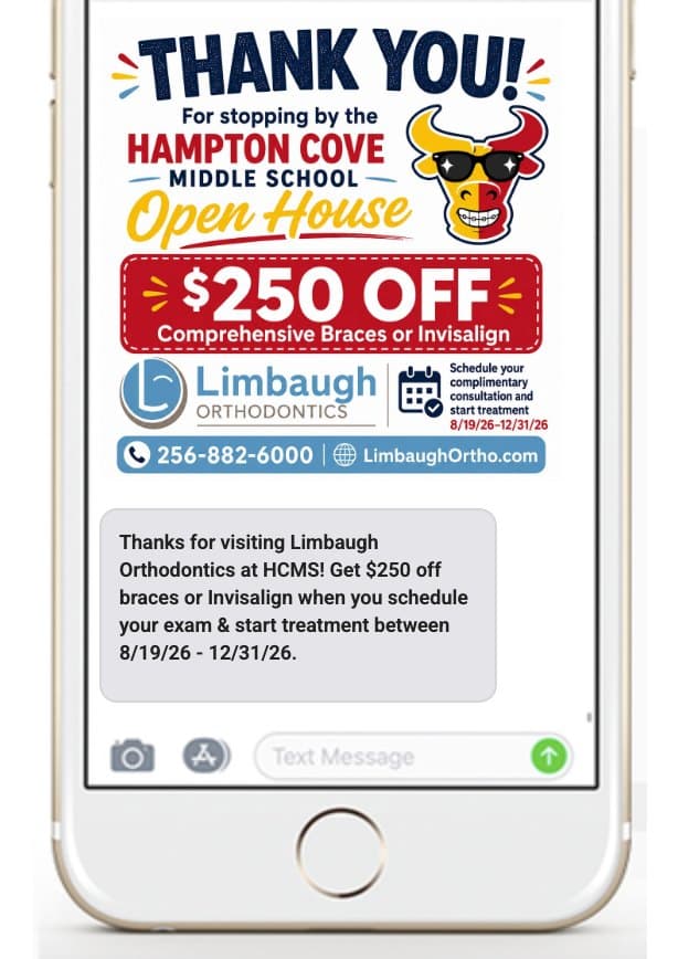 Orthodontics SMS marketing message featuring a braces offer