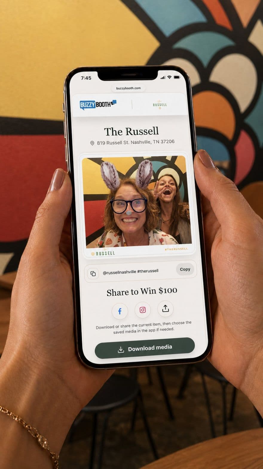 A branded guest photo from The Russell ready to share
