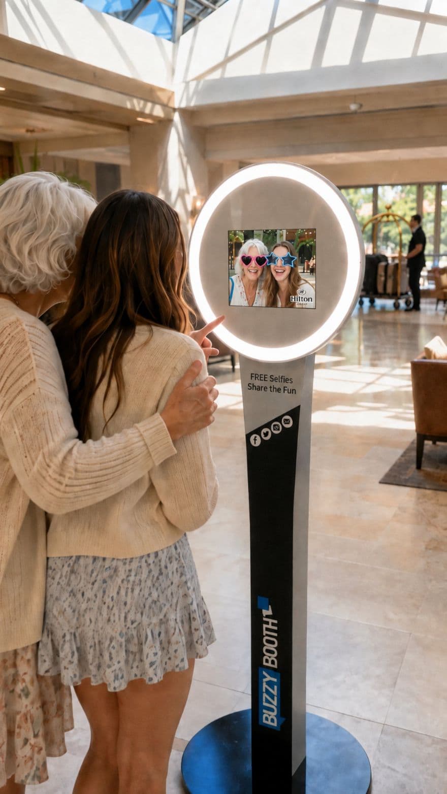 A BuzzyBooth kiosk in a hotel lobby