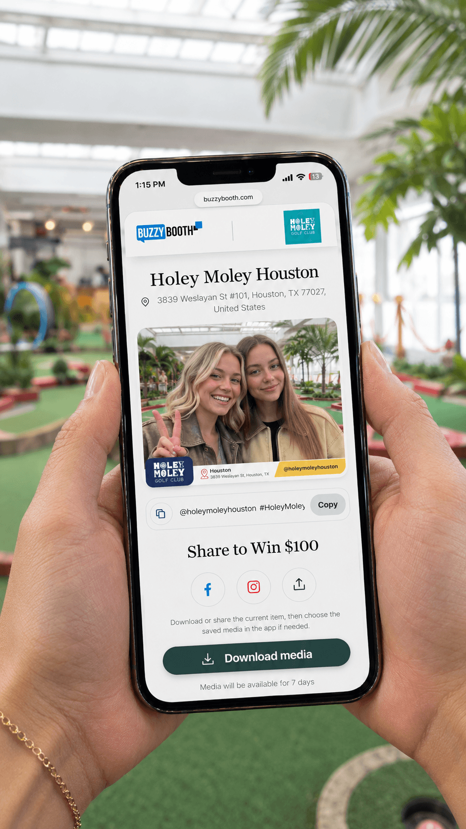 Holey Moley guest photo and sharing options on a phone