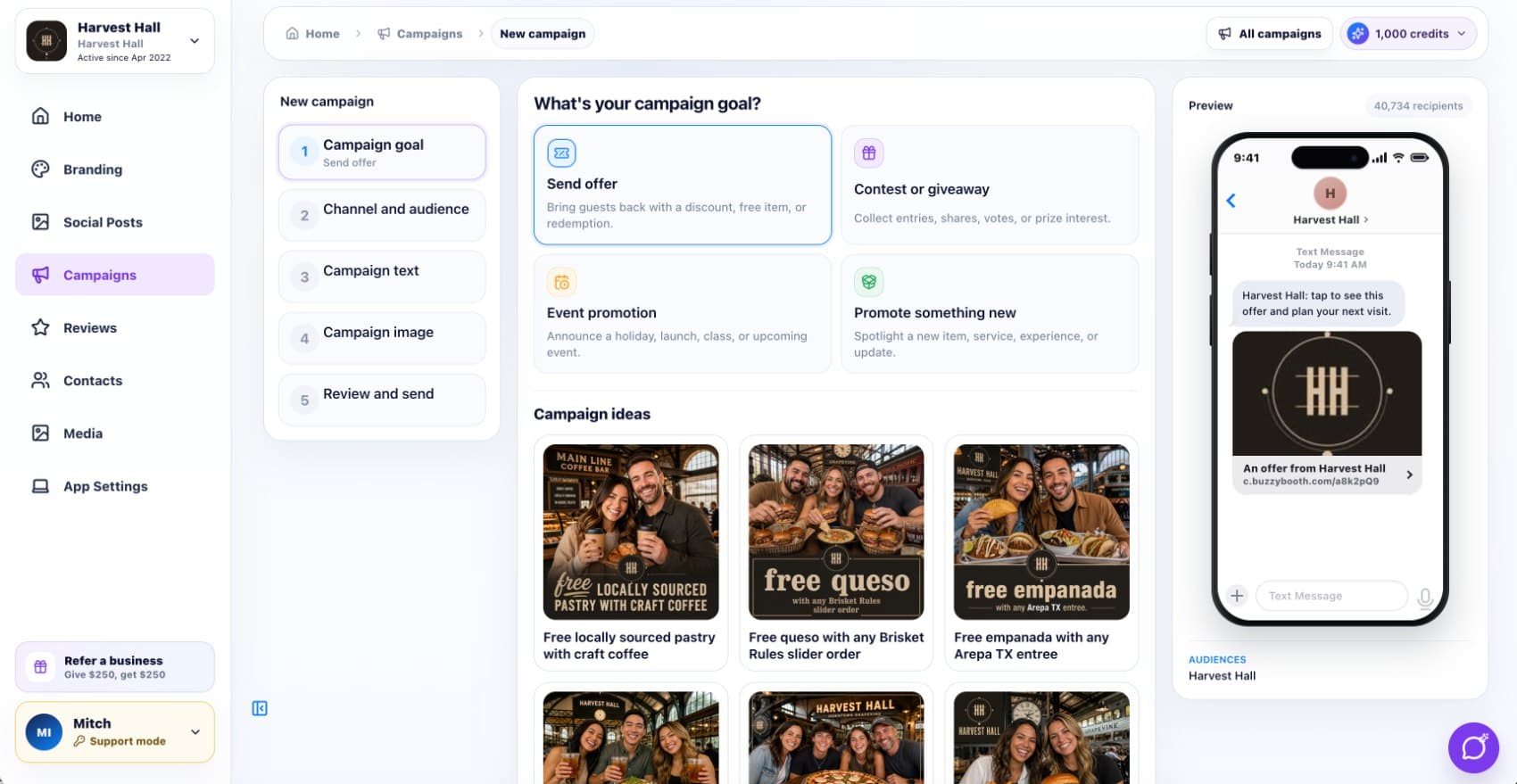 Campaign builder with ideas and an SMS preview