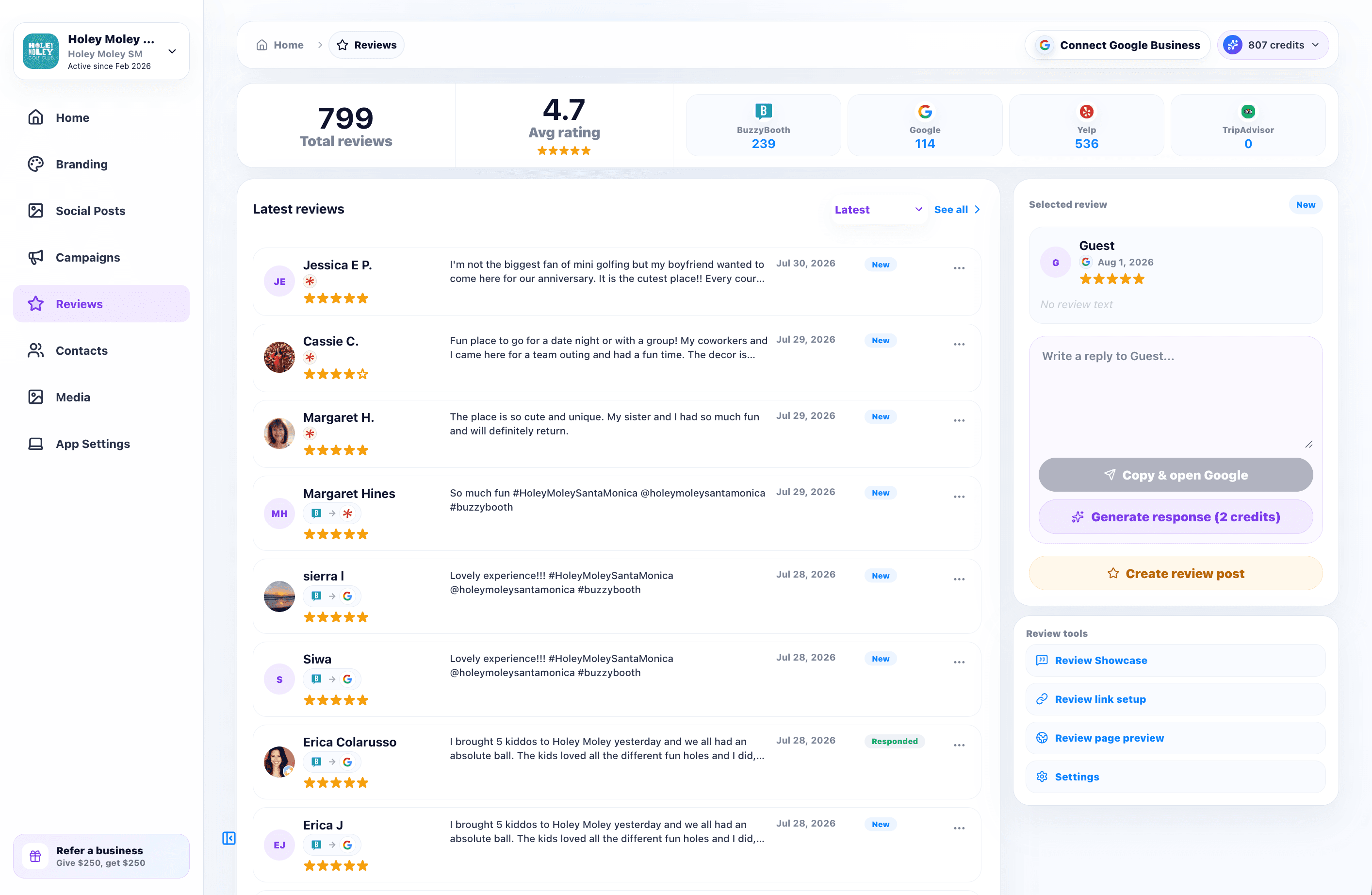 BuzzyBooth review management workspace