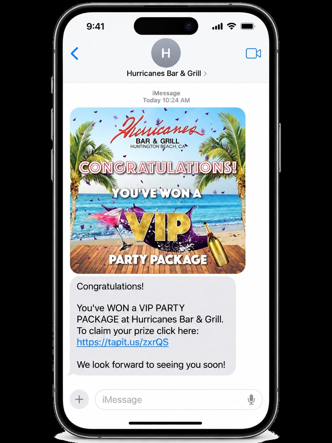 Hurricanes Bar & Grill VIP promotion on a guest phone