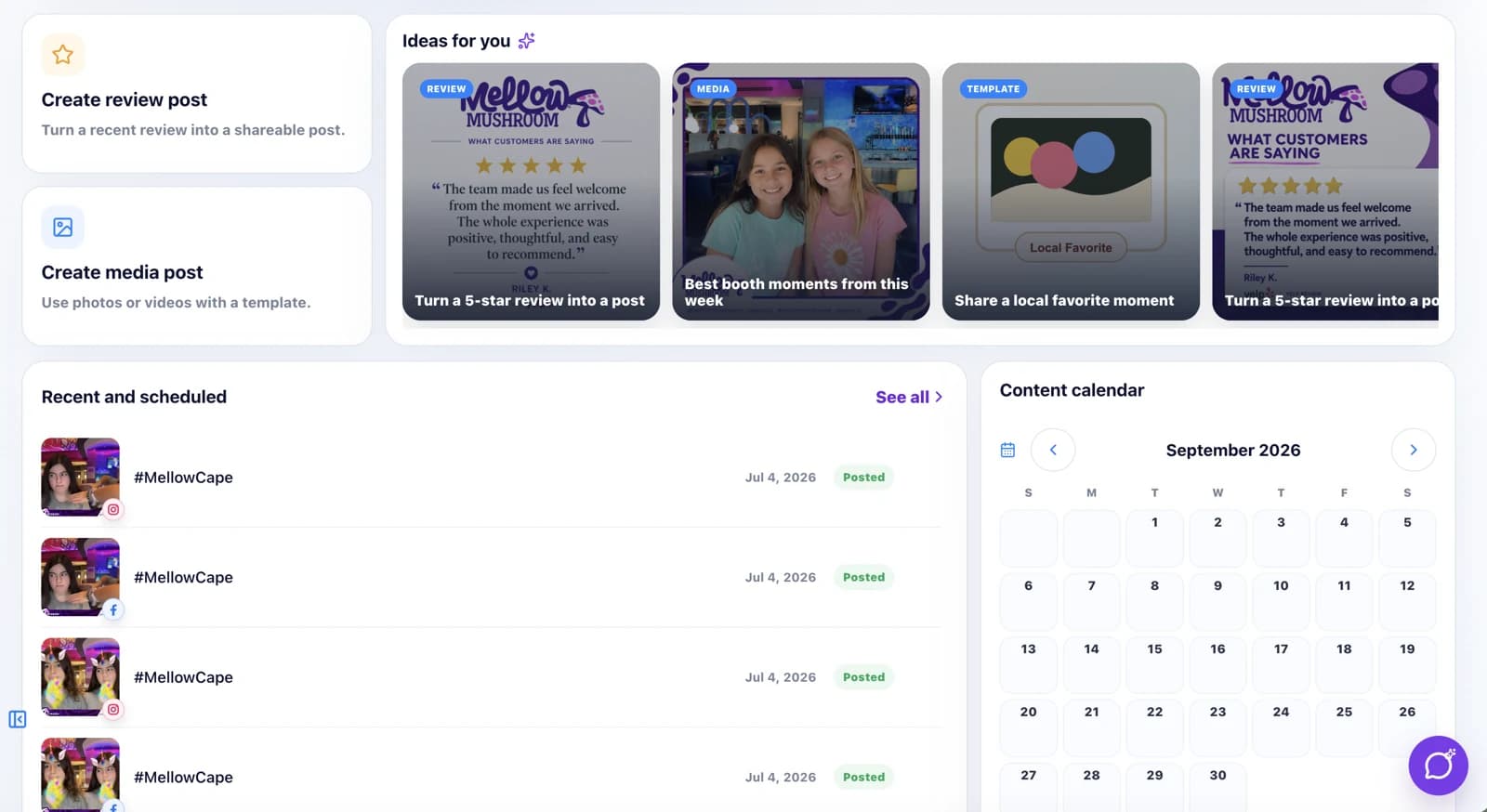 BuzzyBooth social workspace with post ideas, scheduled posts and a content calendar