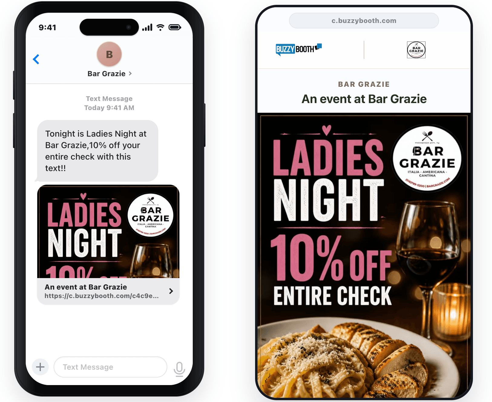 Bar Grazie Ladies’ Night promotional text message shown on a phone