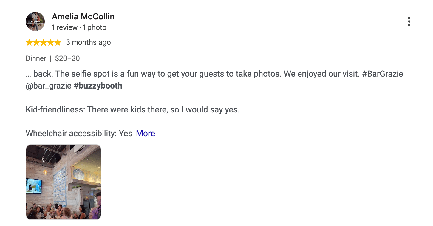 Five-star Bar Grazie review by Amelia McCollin mentioning the selfie spot
