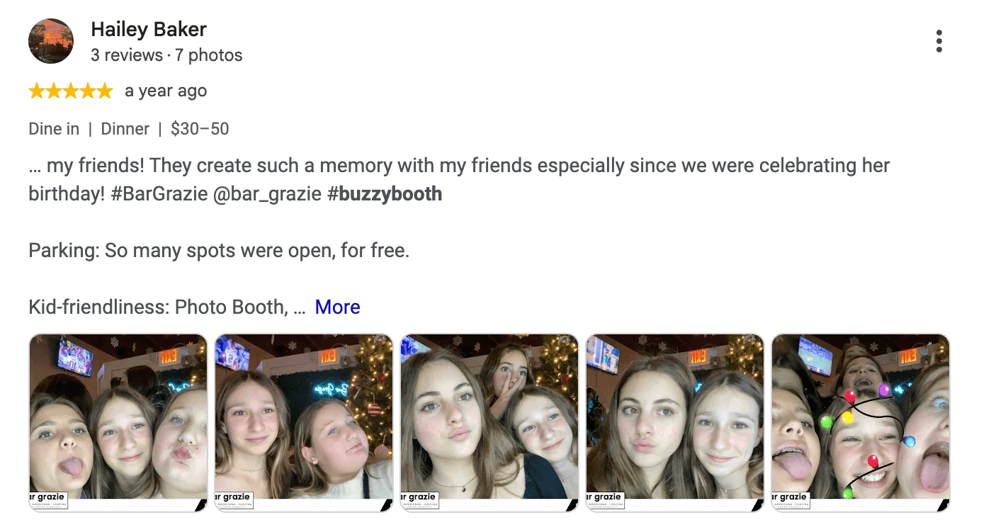 Five-star Bar Grazie review by Hailey Baker mentioning the photo booth with guest photos