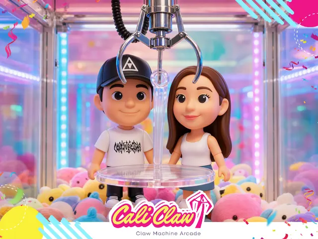 Two Cali Claw guests transformed into toy-like characters inside a claw machine