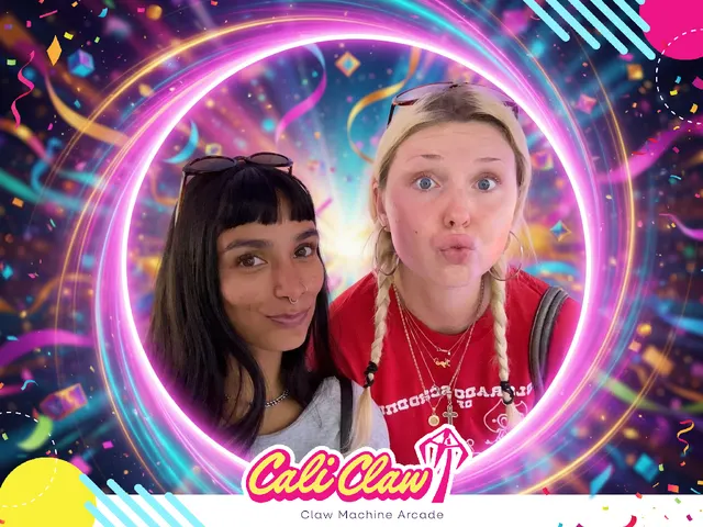 Two Cali Claw guests posing in a colorful neon photo filter