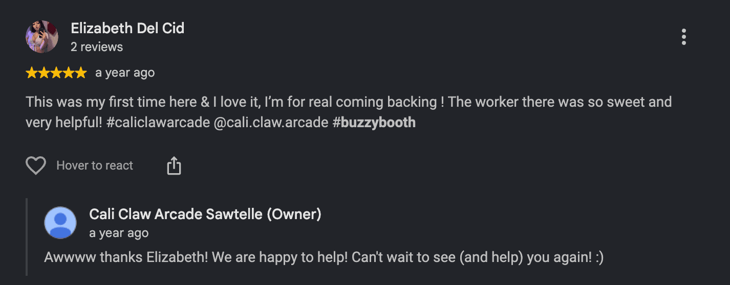 Five-star Cali Claw Arcade review from Elizabeth Del Cid with an owner response