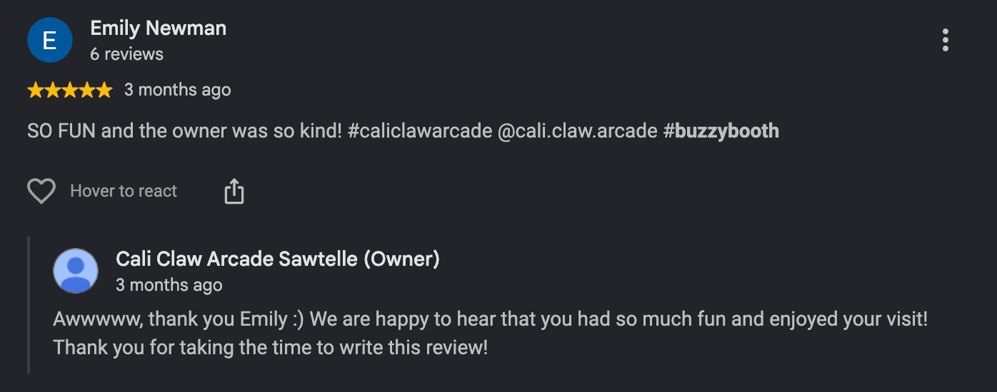 Five-star Cali Claw Arcade review from Emily Newman with an owner response