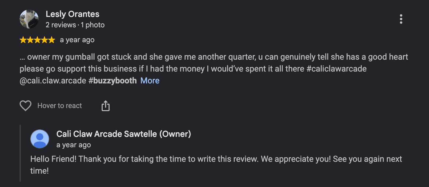 Five-star Cali Claw Arcade review from Lesly Orantes with an owner response