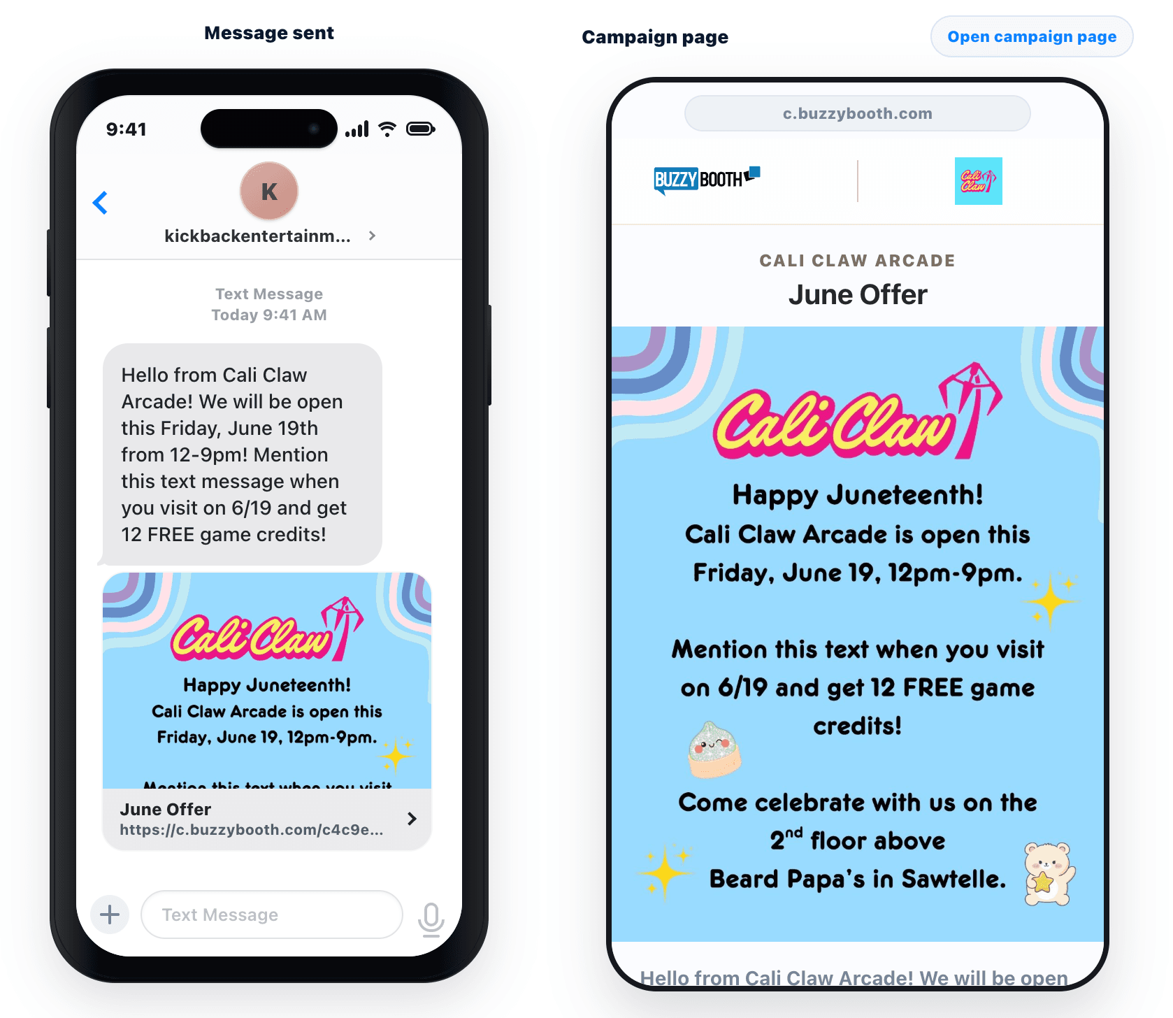 Cali Claw Arcade text message with the June offer