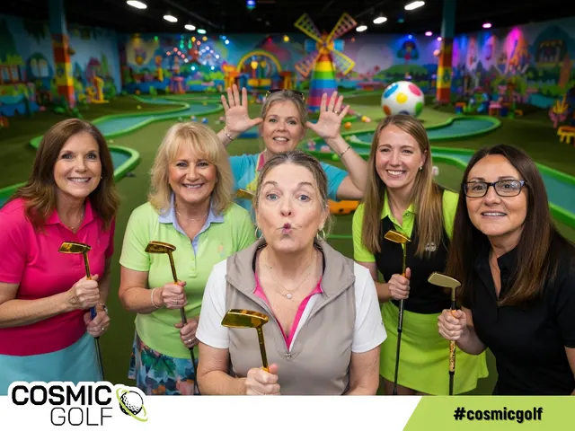 Group of guests holding mini golf putters at Cosmic Golf