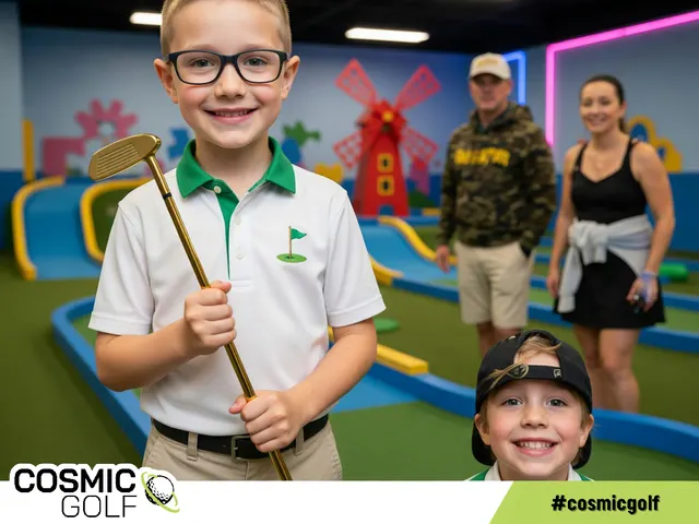 Young guests posing with mini golf putters at Cosmic Golf