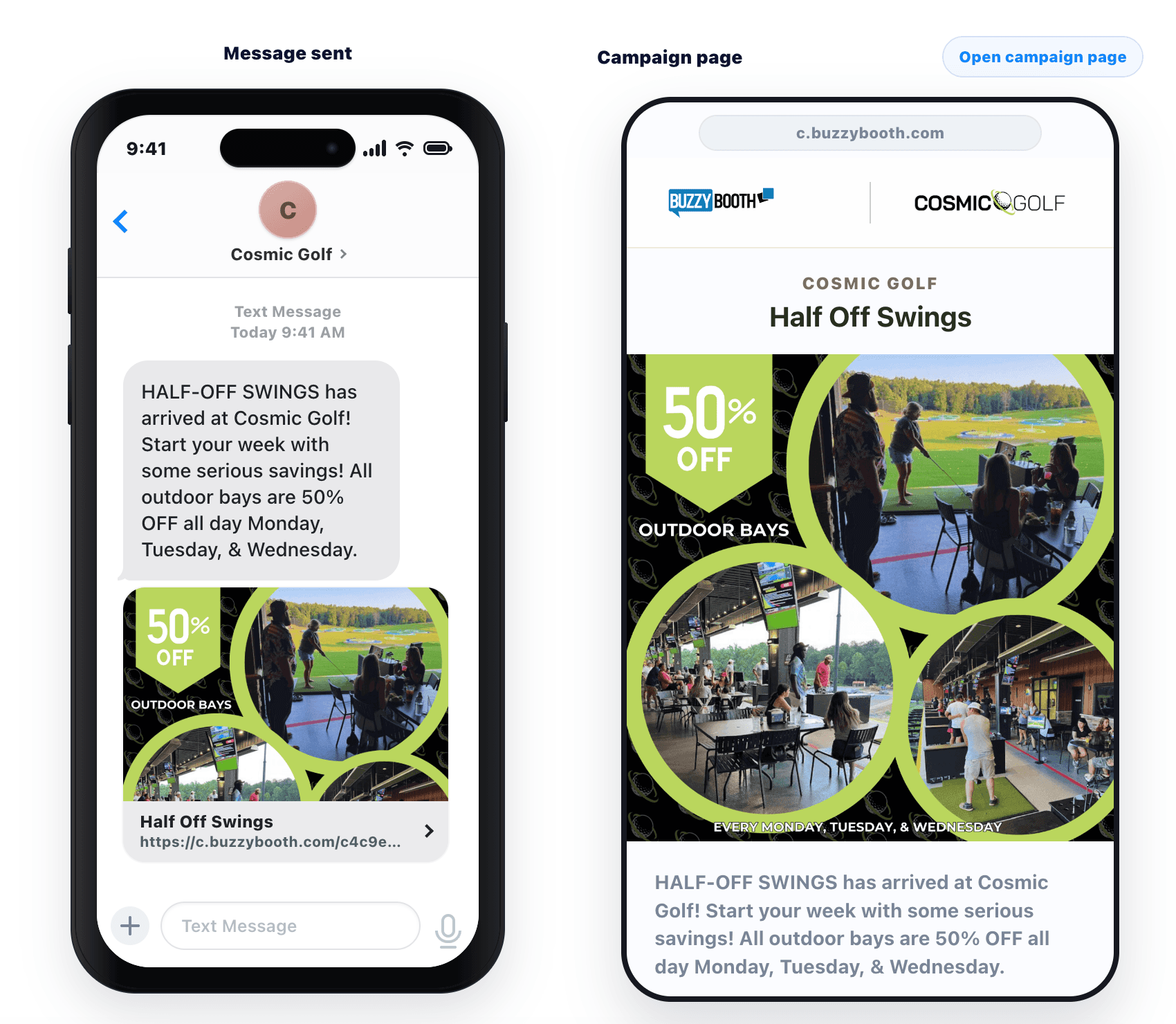 Cosmic Golf text message showing the full Half Off Swings offer