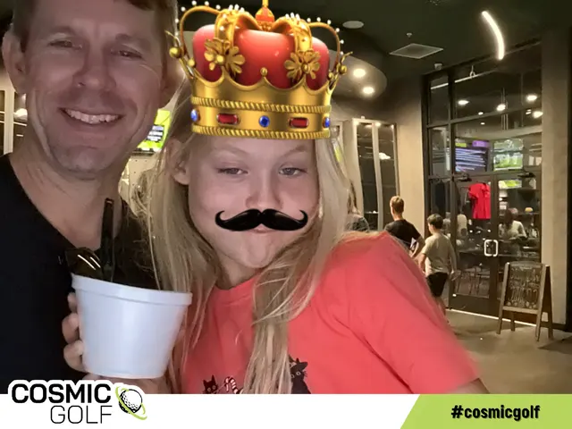 Guests posing with crown and mustache effects at Cosmic Golf