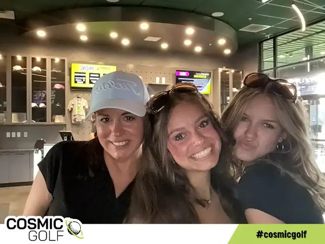 Three guests posing for a BuzzyBooth photo at Cosmic Golf