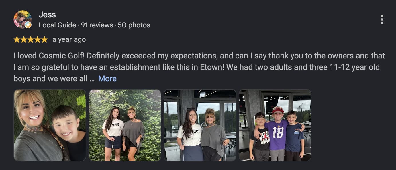 Five-star Cosmic Golf review from Jess with guest photos