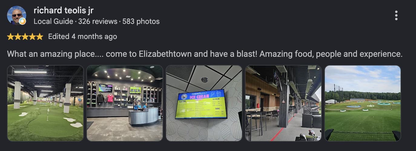 Five-star Cosmic Golf review from Richard Teolis Jr. with venue photos