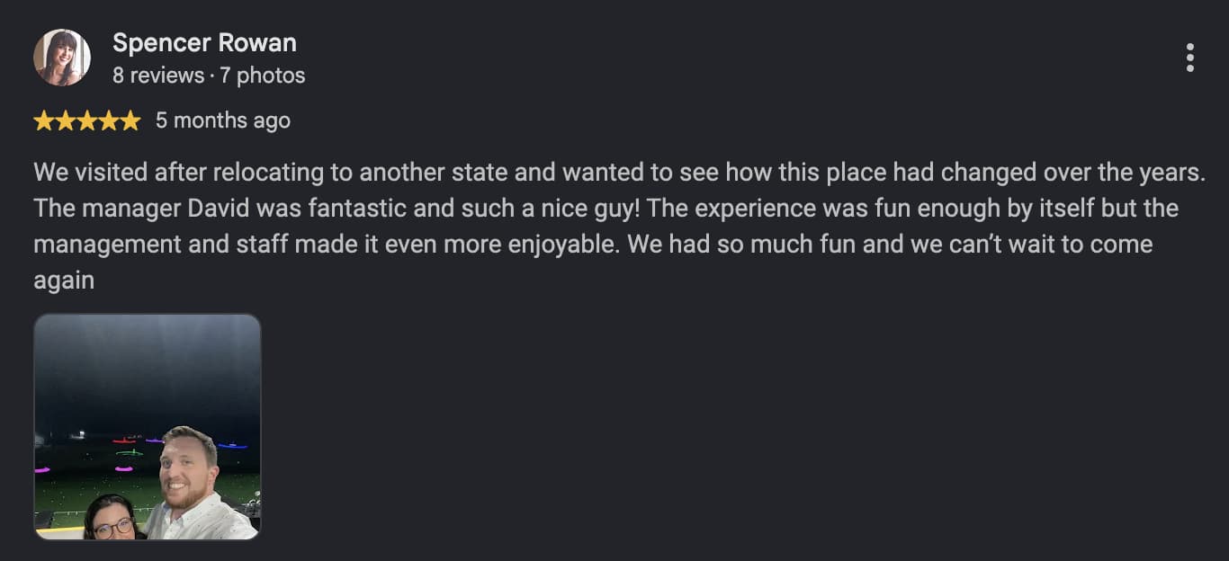Five-star Cosmic Golf review from Spencer Rowan with a guest photo