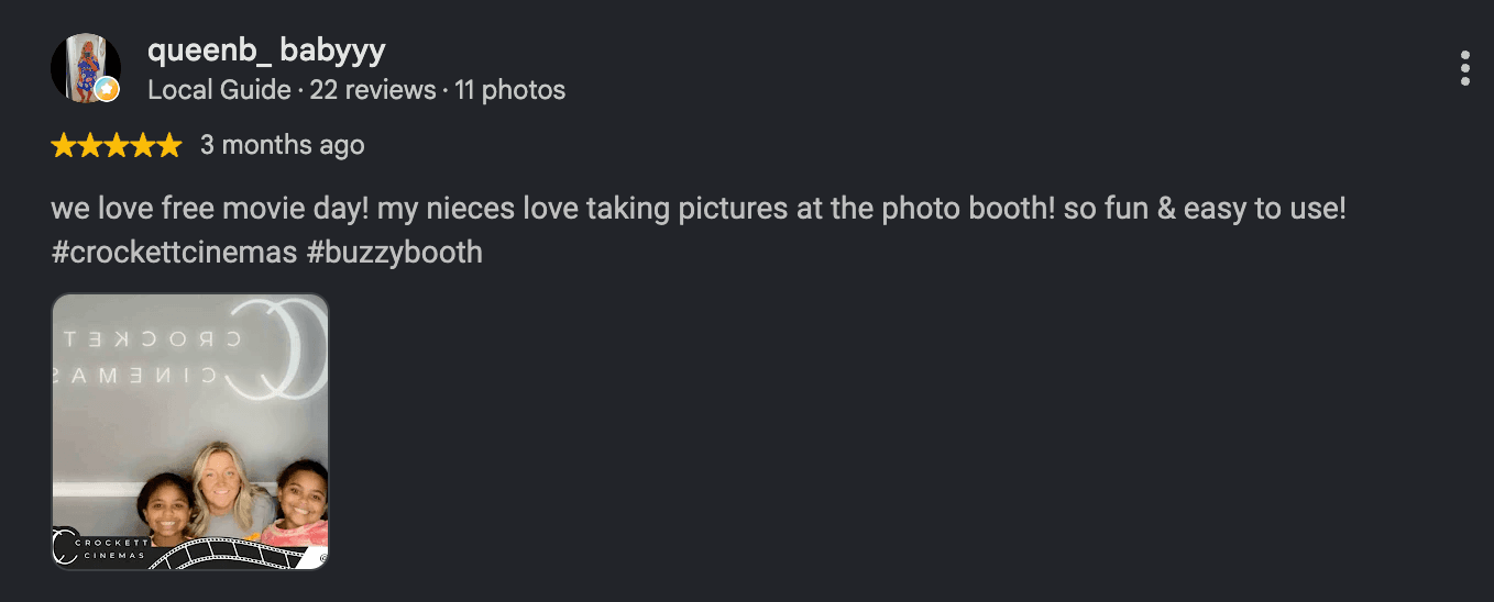 Five-star Crockett Cinemas review from queenb_babyyy mentioning the photo booth