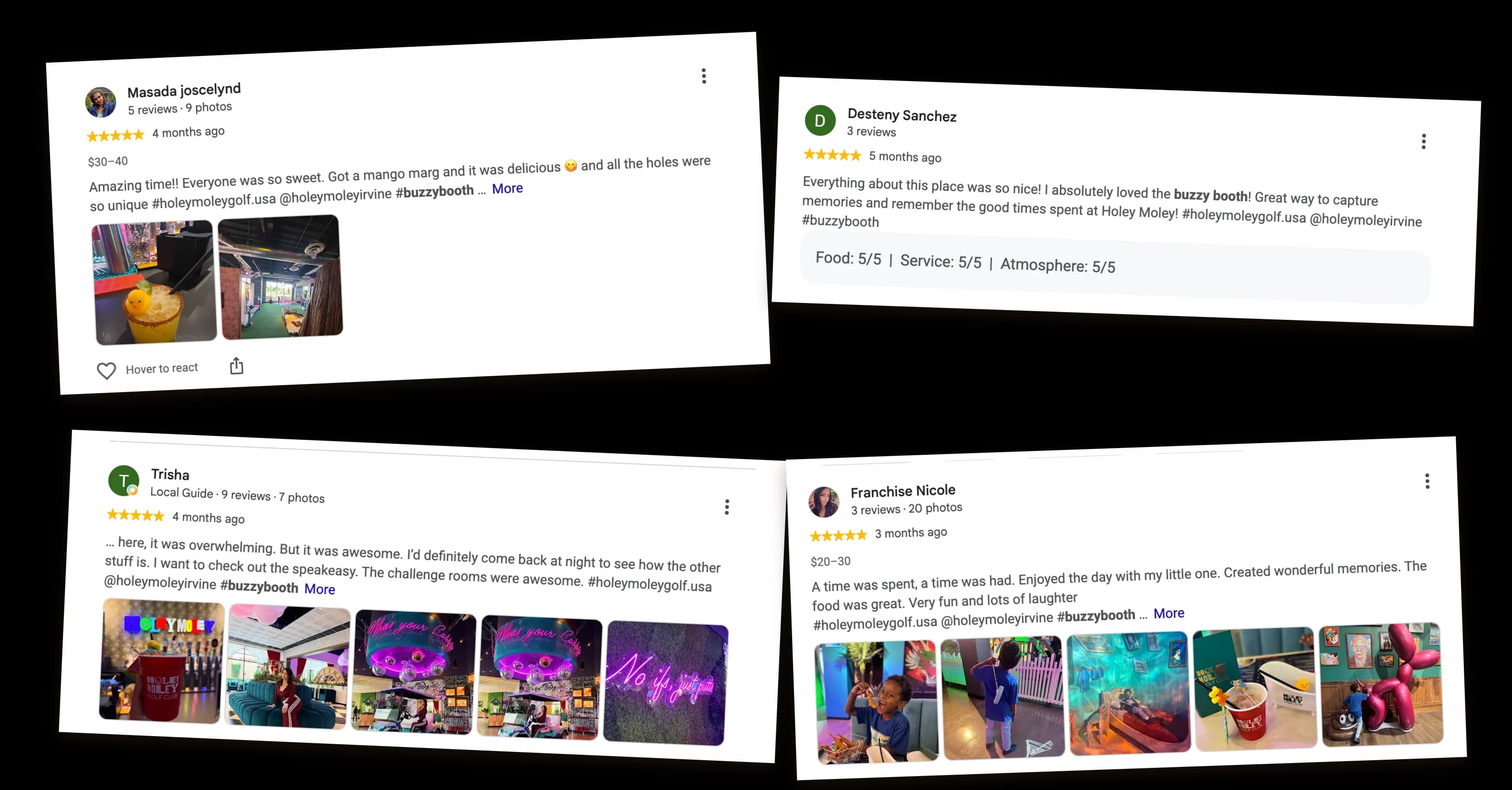 Five-star reviews mentioning BuzzyBooth at Holey Moley