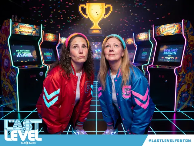 Two guests in an arcade-themed AI photo from Last Level Fenton