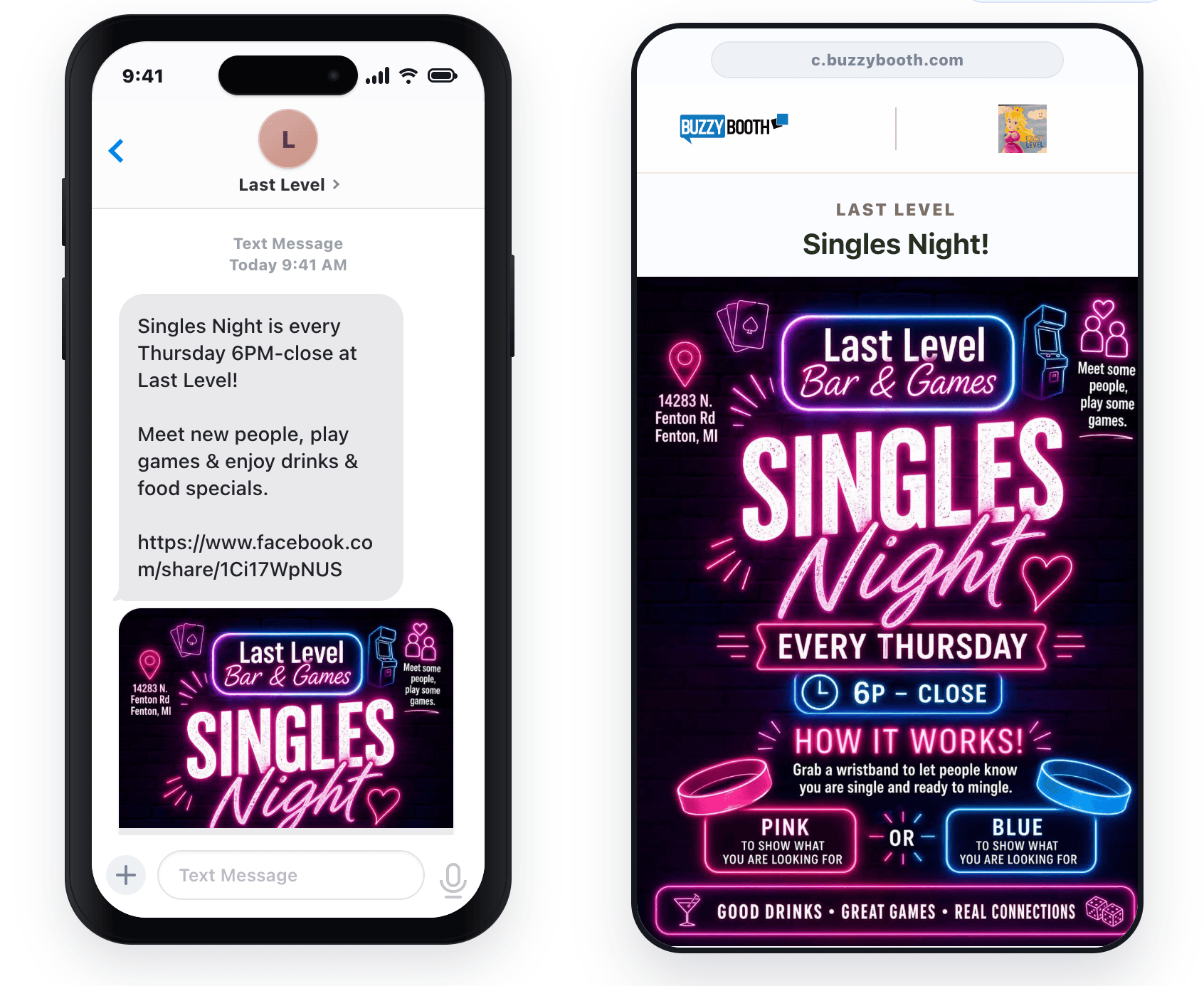 Last Level Fenton Singles Night text message