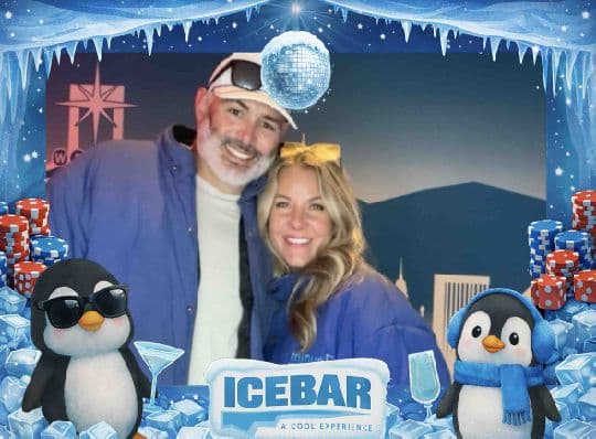 Ice Bar guests smiling together in matching blue coats