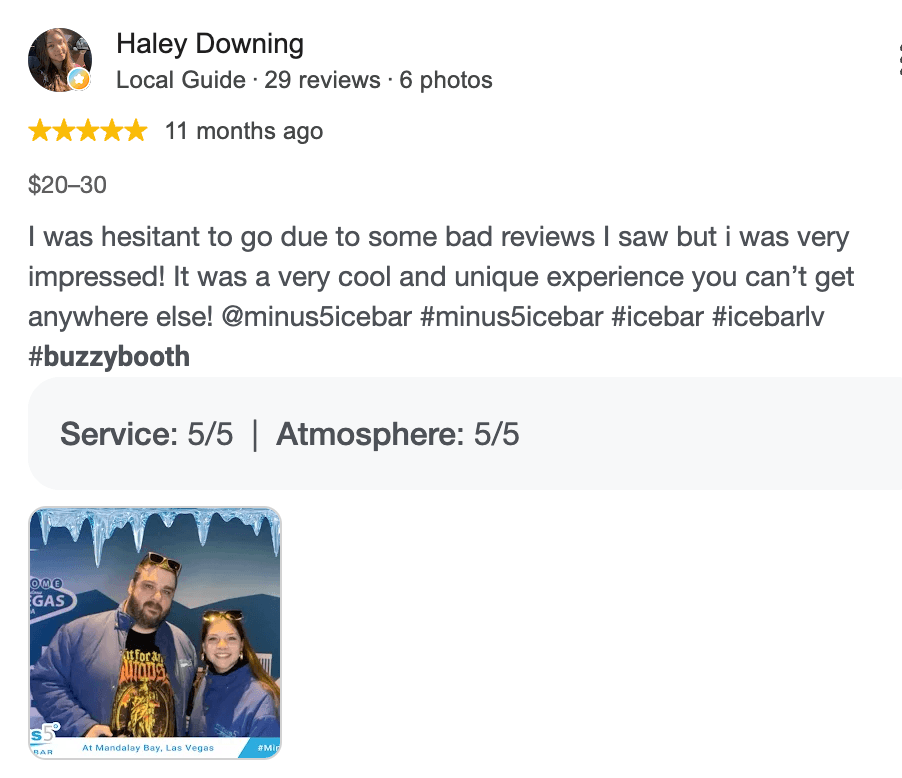 Five-star Minus5 Ice Bar review by Haley Downing with a guest photo