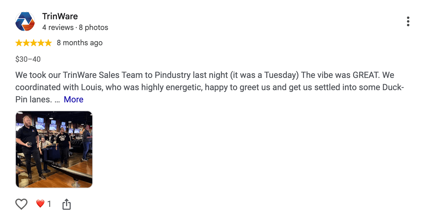Five-star Pindustry review from TrinWare with a bowling photo