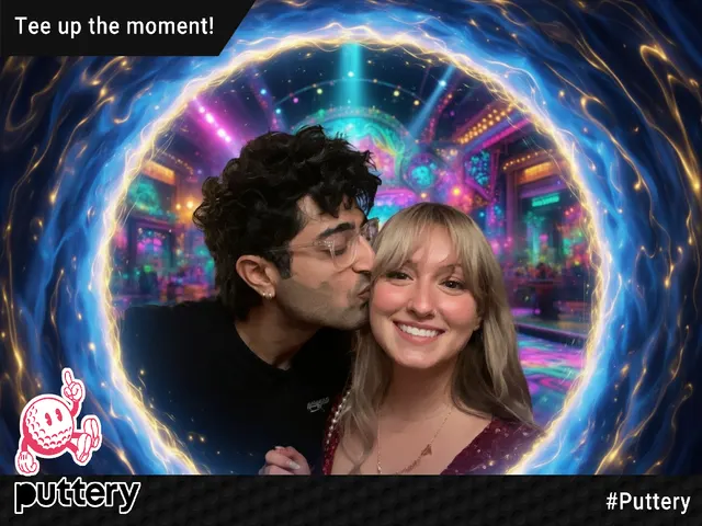 Two Puttery guests in an AI photo with a colorful portal effect