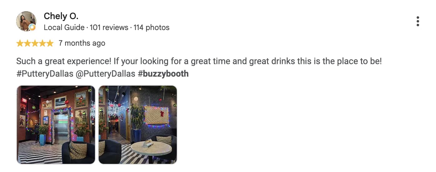 Five-star Puttery Dallas review from Chely O. with venue photos