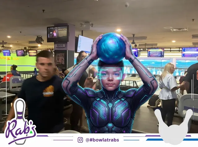 Guest holding a bowling ball in a futuristic Rab’s Bowling AI photo