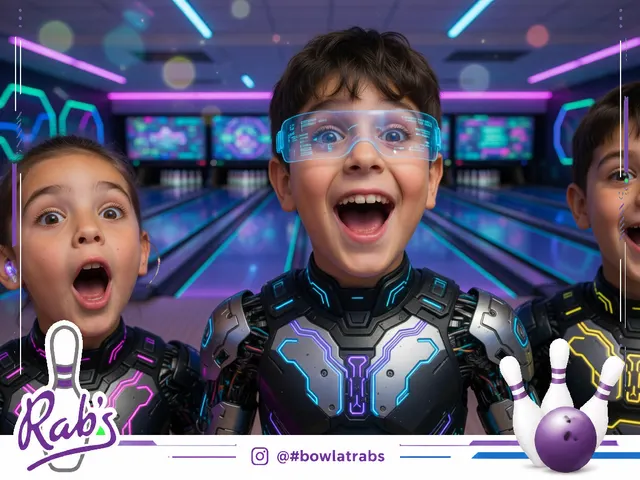 Young guests in futuristic bowling outfits in a Rab’s Bowling AI photo