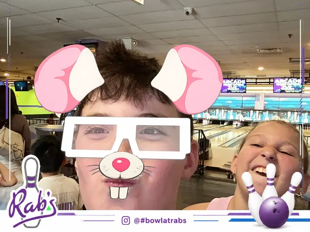 Young Rab’s Bowling guests posing with a cartoon mouse filter