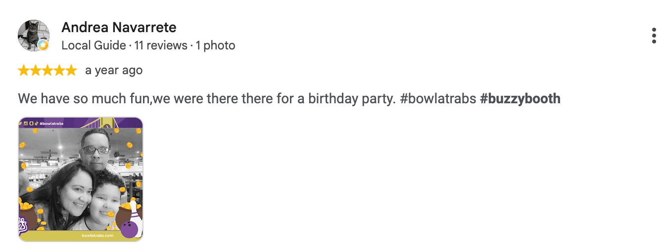 Five-star Rab’s Bowling review from Andrea Navarrete with a guest photo