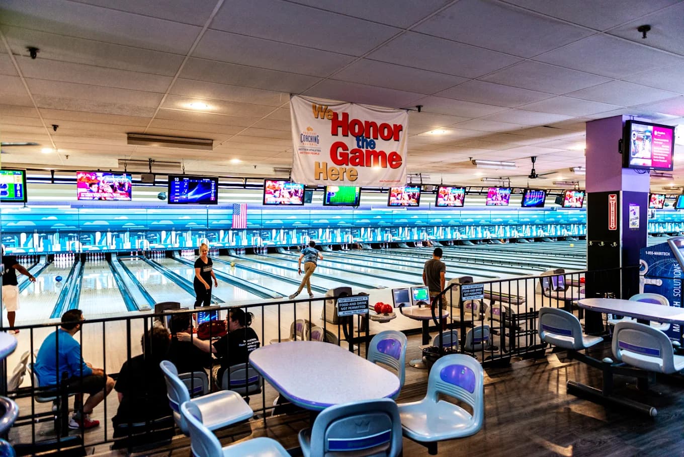 Bowling lanes and guests at Rab’s Bowling in Staten Island