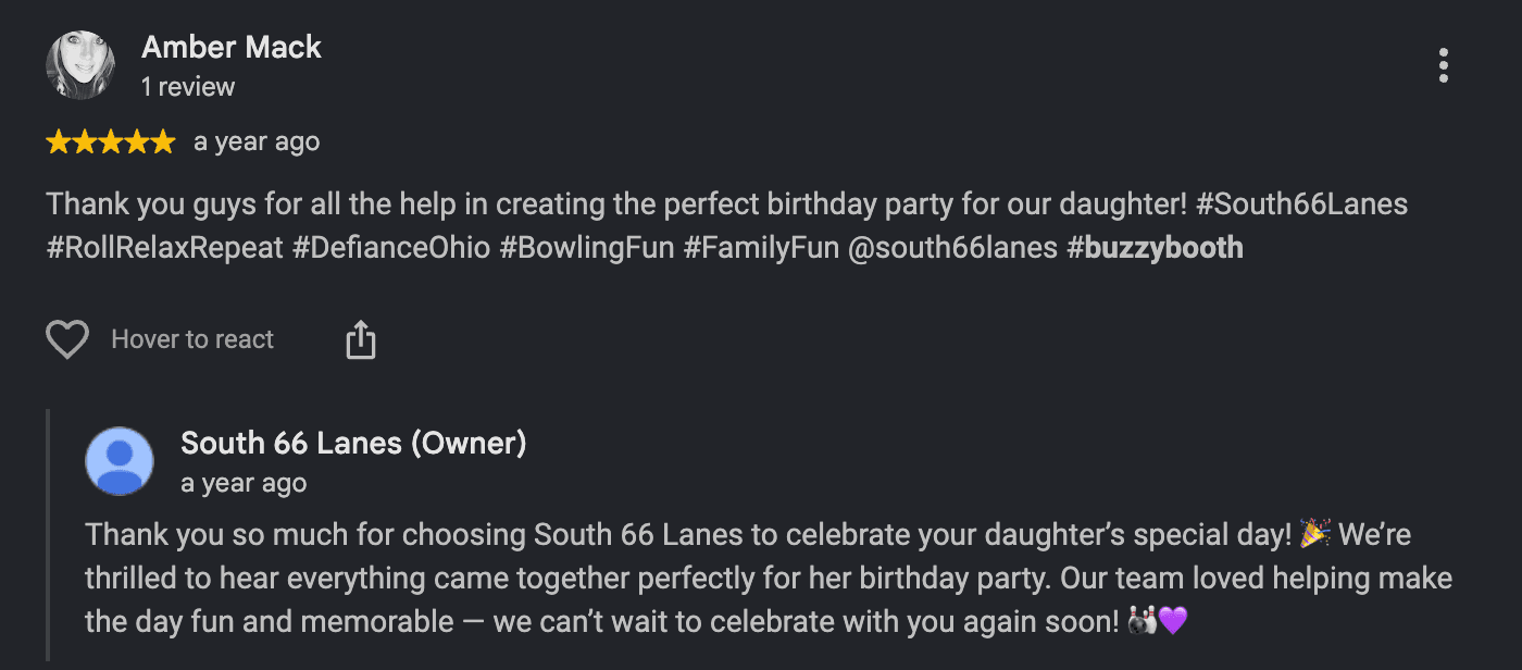Five-star South 66 Lanes review from Amber Mack about a birthday party