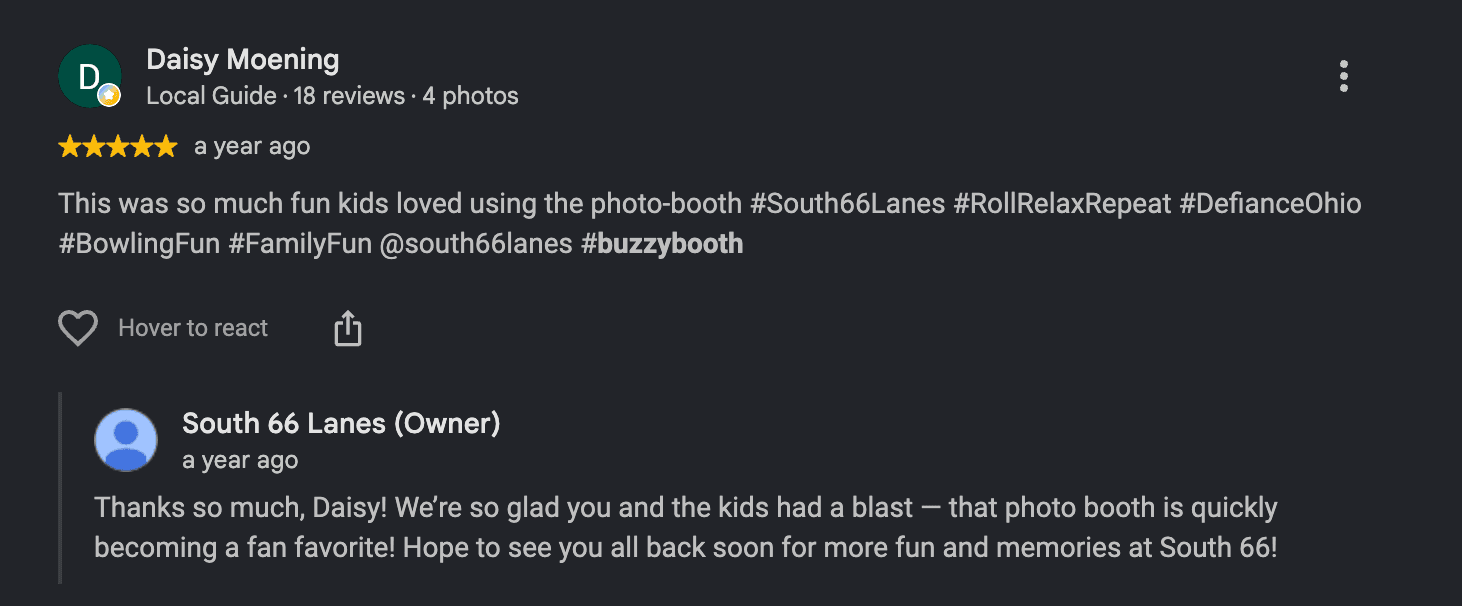 Five-star South 66 Lanes review from Daisy Moening mentioning the photo booth