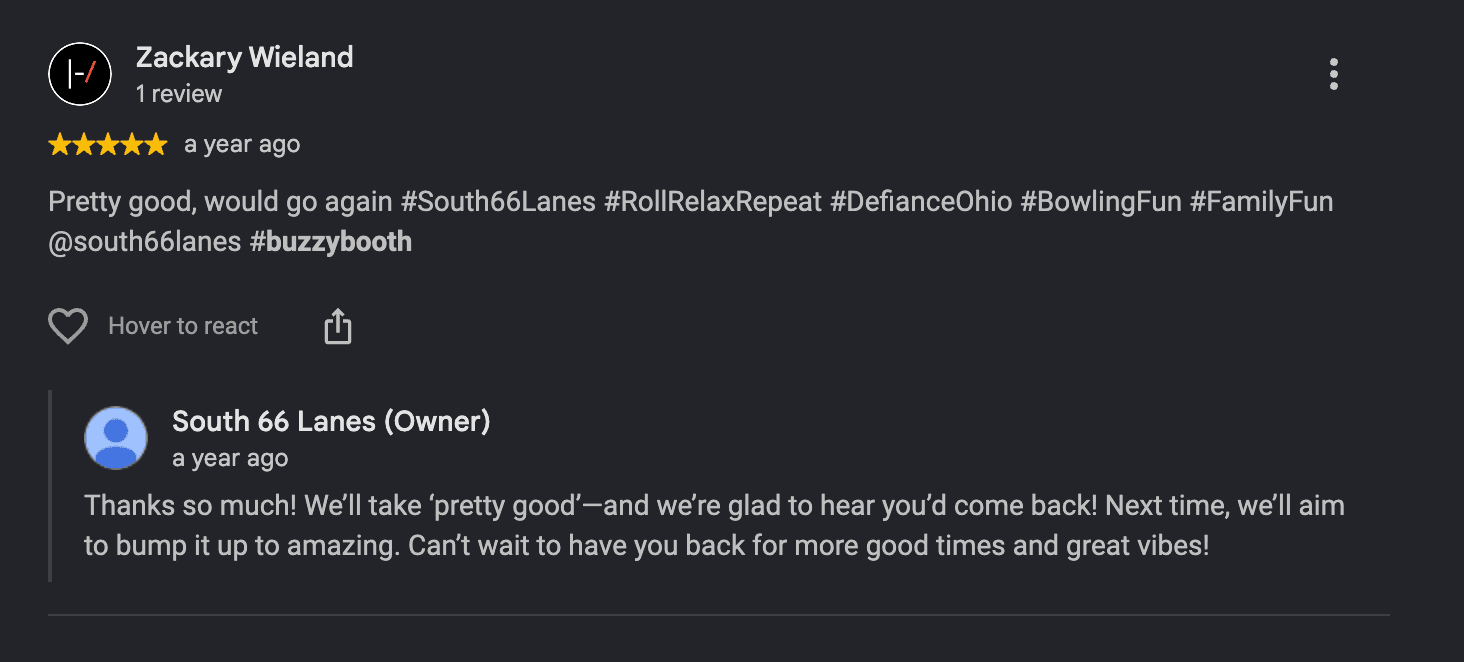 Five-star South 66 Lanes review from Zackary Wieland with an owner response