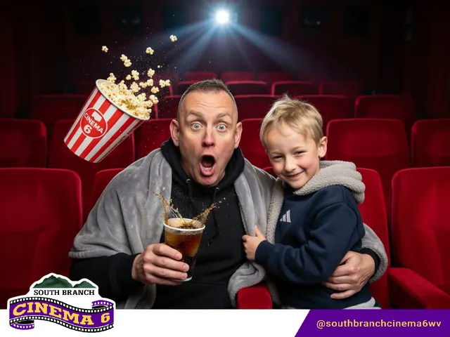 Father and son in a movie-themed AI photo at South Branch Cinema 6