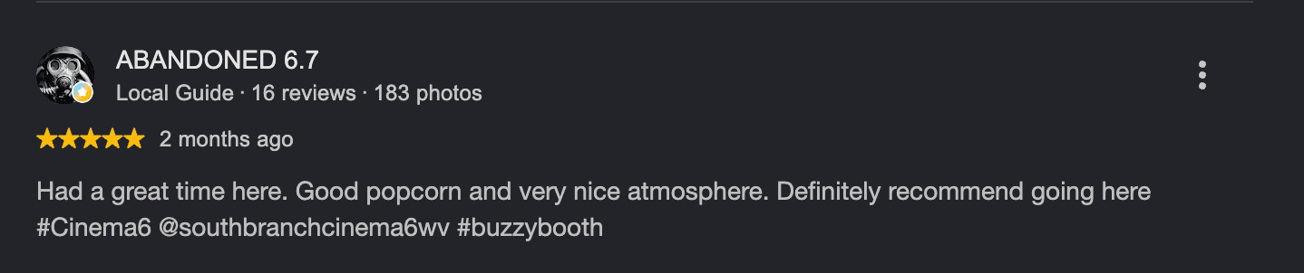 Five-star South Branch Cinema 6 guest review from ABANDONED 6.7
