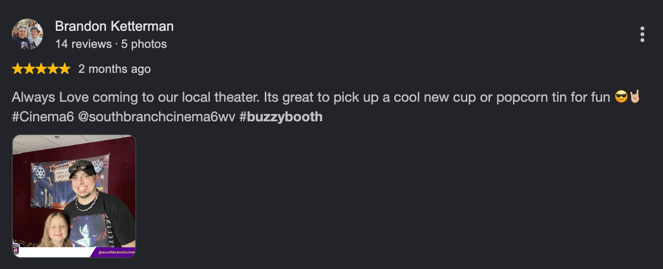Five-star South Branch Cinema 6 guest review from Brandon Ketterman with a visit photo
